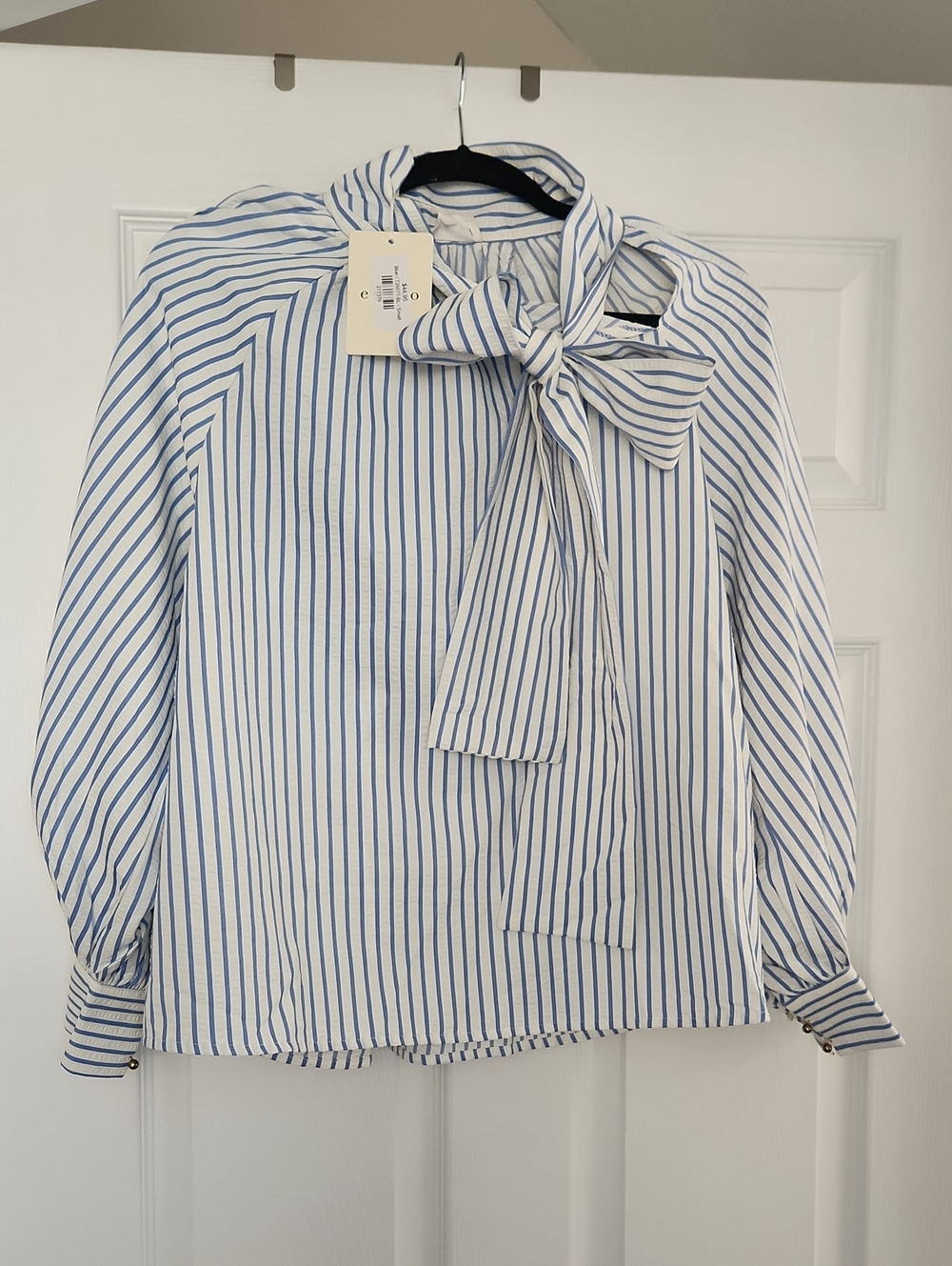 NWT Entro Blue & White Striped Tie-Neck Blouse